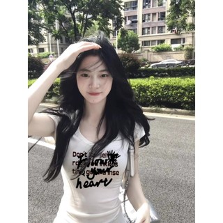 American Hot Girl Tight-Fit Letter Trắng Chính Hãng Vai Ngắn Tay Áo Thun Nữ 2025 Ngọt Ngào Mát Mỏng Hơn Nhìn Móc Eo U-