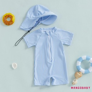 MG-Toddler Bé Trai Sọc Đồ Bơi Tay Ngắn Nửa Dây Kéo Chống Đập Rash Guard Đồ Bơi Sunhat Set