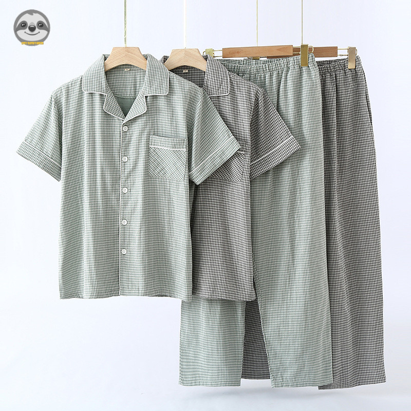 Phong cách Nhật Bản Phong cách Muji / Áo sơ mi nam kẻ sọc đơn giản Bộ đồ ngắn tay bằng Cotton nguyên chất / Bộ đồ ngủ gạc Cotton nguyên chất phong cách mỏng mùa hè / Nam có thể mặc bên ngoài Loungewear
