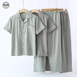 Phong cách Nhật Bản Phong cách Muji / Áo sơ mi nam kẻ sọc đơn giản Bộ đồ ngắn tay bằng Cotton nguyên chất / Bộ đồ ngủ gạc Cotton nguyên chất phong cách mỏng mùa hè / Nam có thể mặc bên ngoài Loungewear