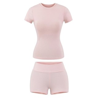 Đơn giản Spice Girl Wind Suit bó sát với miếng đệm ngực Áo thun tay ngắn Quần Short lưng cao Bộ đồ hai mảnh