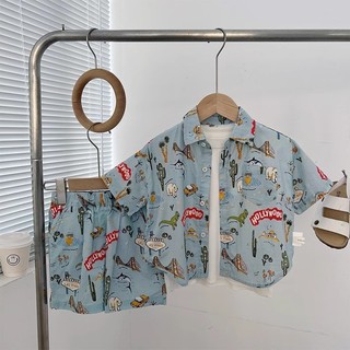 Bộ áo sơ mi mùa hè mới cho bé trai, in hoạt hình, áo ngắn tay retro và quần short, bộ hai mảnh