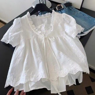 Phong Cách Hàn Quốc Nữ Nữ Rời Ruffle Baggy Áo Sơ Mi Tay Ngắn Áo Ren Thêu Giả-hai Mảnh
