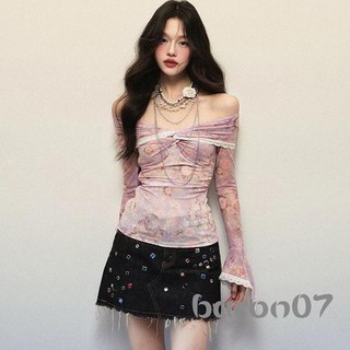 Áo thun nữ dài tay in hoa ren viền thuyền cổ lệch vai Áo sơ mi mùa xuân thu Slim Fit Áo thường ngày