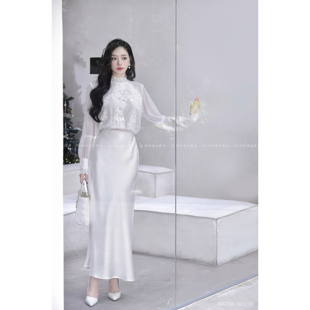 Chân váy nữ Masara form loe dài chất lụa trắng mềm mướt, có lót trong kín đáo MV799