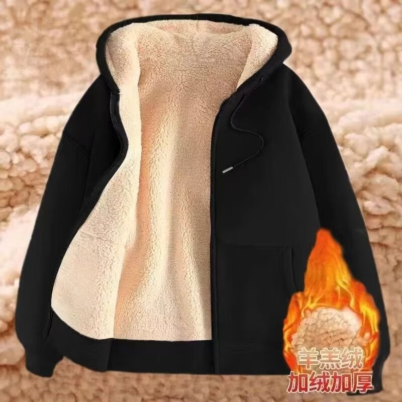 ThaliaWisp Nam Lông Cừu Có Mũ Trùm Đầu Áo Thu Đông Phong Cách Cơ Sở Lông Cừu Dày Rời Plus Kích Thước Áo Khoác