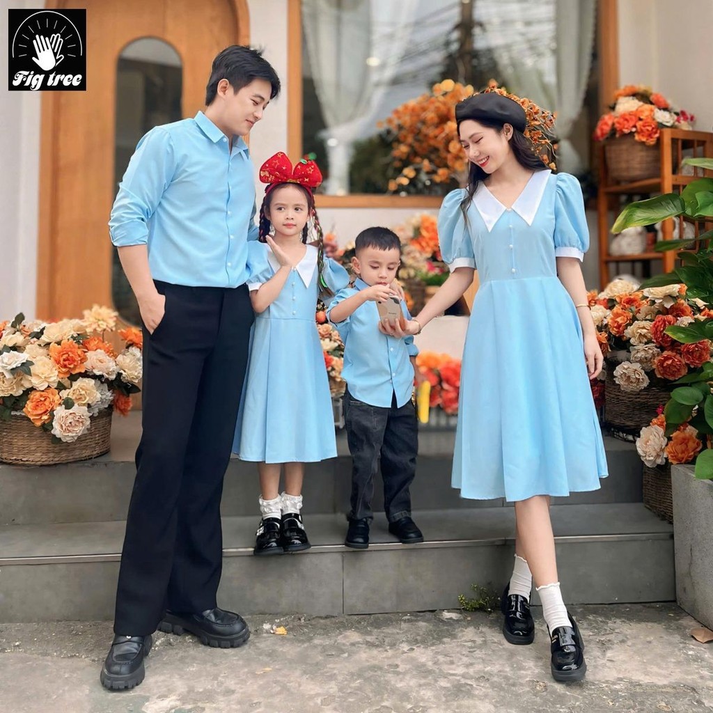 Set Sơ Mi Váy Gia Đình Fig Tree Màu Xanh Nhạt Phối Chụp Hình, Đi Tiệc Siêu Sang ( hàng thiết kế)