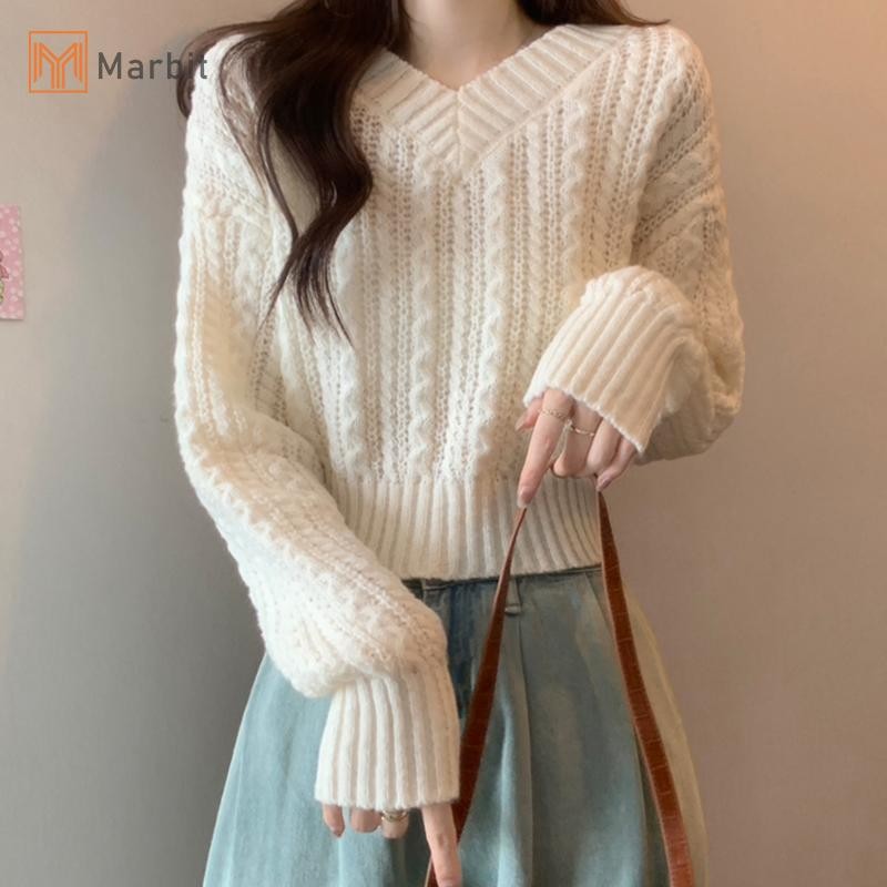 Marbit Nữ Thời Trang Retro Cổ Chữ V Dài Tay Phù Hợp Với Áo Len Ngắn Dệt Kim Xoắn Mới