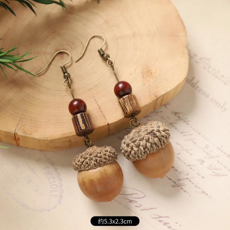 GHGl❤️Thực Vật Chính Hãng Bông Tai Rừng Trái Cây Tự Nhiên Acorn Handmade Retro Nữ Dài Phong Cách Dân Tộc Văn Học Trung Quốc Y Học Bông Tai