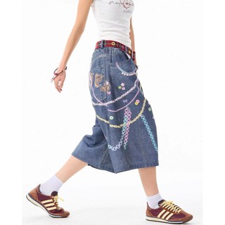 GKSSS Quần short denim nam kiểu Mỹ cổ điển dáng rộng phong cách hip-hop giản dị in dây chuyền màu phong cách trung tính