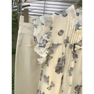 2025 Mùa hè phong cách cổ điển Trung Quốc Neo, áo chiffon tay ngắn xếp nếp in hoa, áo thiết kế cho phụ nữ trẻ trung
