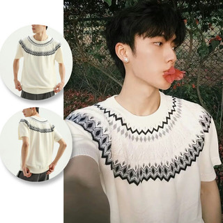 ESEA Áo thun mới tay ngắn thời trang và phổ biến thoáng khí kiểu Mỹ retro jacquard thiết kế phong cách trung tính