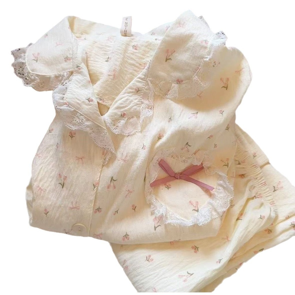 Nhật Bản Hoa Bộ Đồ Ngủ Nữ Xuân Thu Mây Mới Cotton Dễ Thương Ren Cardigan Dài Tay Quần Nhà Quần Áo Phù Hợp Với