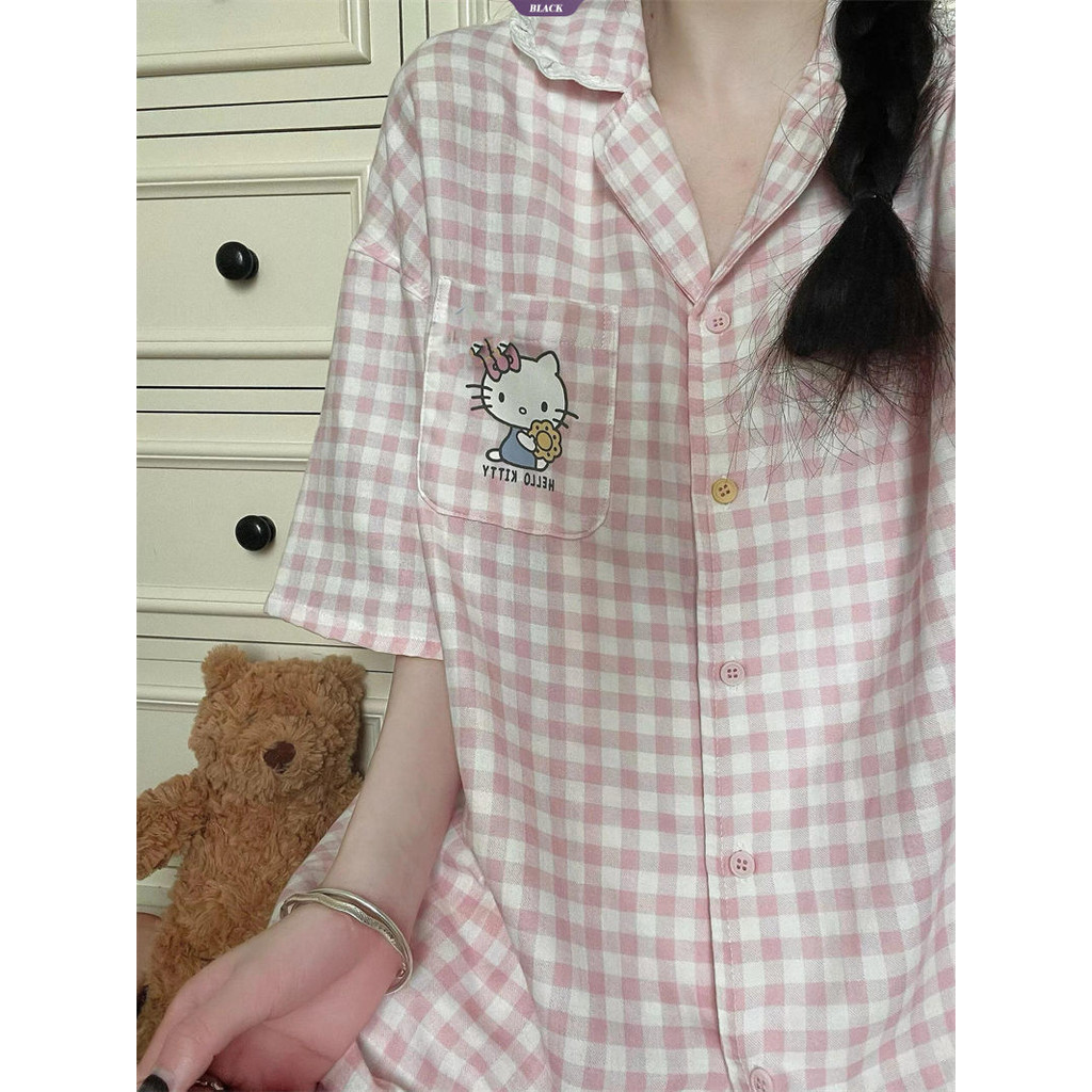 Bộ Đồ Ngủ Mèo Kitty Kẻ Sọc Nữ Mùa Hè Mới Ren Quần Short Tay Ngắn Ins Phong Cách Học Sinh Nhật Bản Quần Áo Gia Đình [BL]