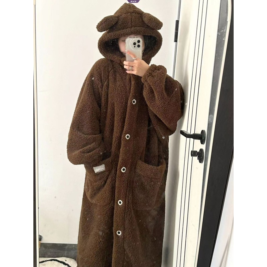 Bộ đồ ngủ nhung san hô có giá trị cao Nữ mùa thu đông Đệm dày Flannel ấm áp Áo choàng trùm đầu dài vừa phải [BL]