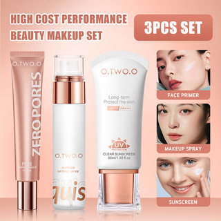 O.TWO.O Bộ 3 sản phẩm giá trị Kem chống nắng + Kem lót + Xịt khóa lớp nền trang điểm tự nhiên trong suốt nhẹ nhàng nhanh chóng Không tì vết Màu da đều màu Bảo vệ da Chống thấm nước Chống mồ hôi Dài L ღ Trang điểm lấp lánh cho cô gái màu hồng