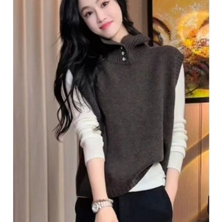 Pháp Bên Ngoài Mặc Nửa Mở Áo Len Cổ Rùa Áo Vest Nữ Đầu Thu Đông Ấm Áp Bên Trong Áo Vest Không Tay Top