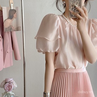 2025 Mùa hè Pháp sang trọng áo blouse cổ tròn tay ngắn thiết kế thời trang đa năng cho phụ nữ