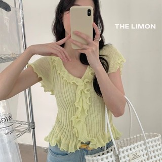 THE LEMON Trà xanh chanh 2025 Mùa hè phong cách Pháp áo len ôm sát nhiều màu viền nhún MNM7