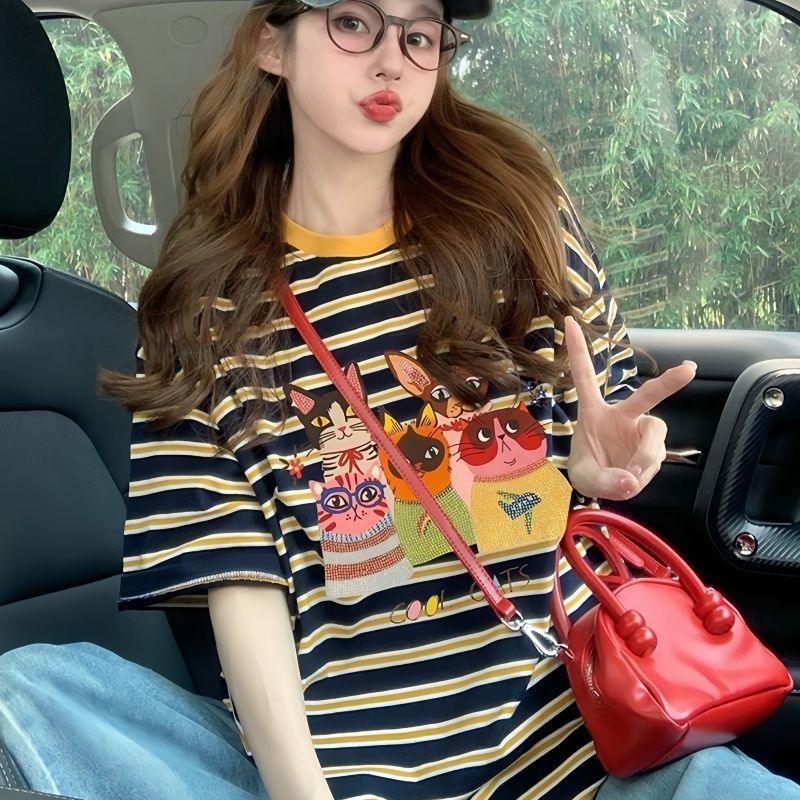 Mỹ Retro Sọc Sinh Viên Áo Thun Nữ Tay Ngắn Thiết Kế Mùa Hè Niche Top