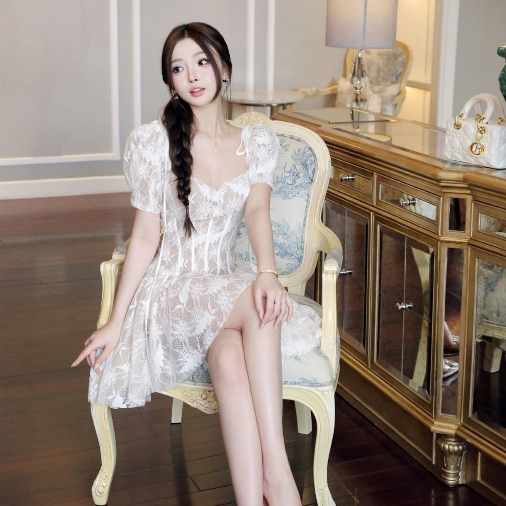 Đầm ren trắng xoè Khiết Fashion tay phồng xinh xắn cổ vuông quyến rũ KD100A