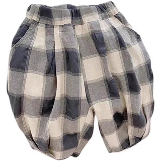 Quần kẻ caro cotton lanh mềm mại mỏng cho bé trai mùa hè, quần capri thường ngày cho trẻ nhỏ và trẻ trung, quần harem rộng rãi cho trẻ em