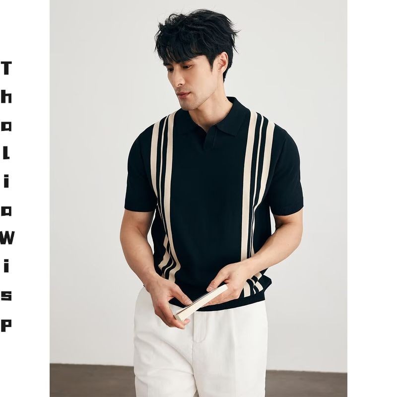 ThaliaWisp Sọc Colorblock Mùa Hè Băng Lụa Đan Áo Sơ Mi Polo Tay Ngắn Cho Nam