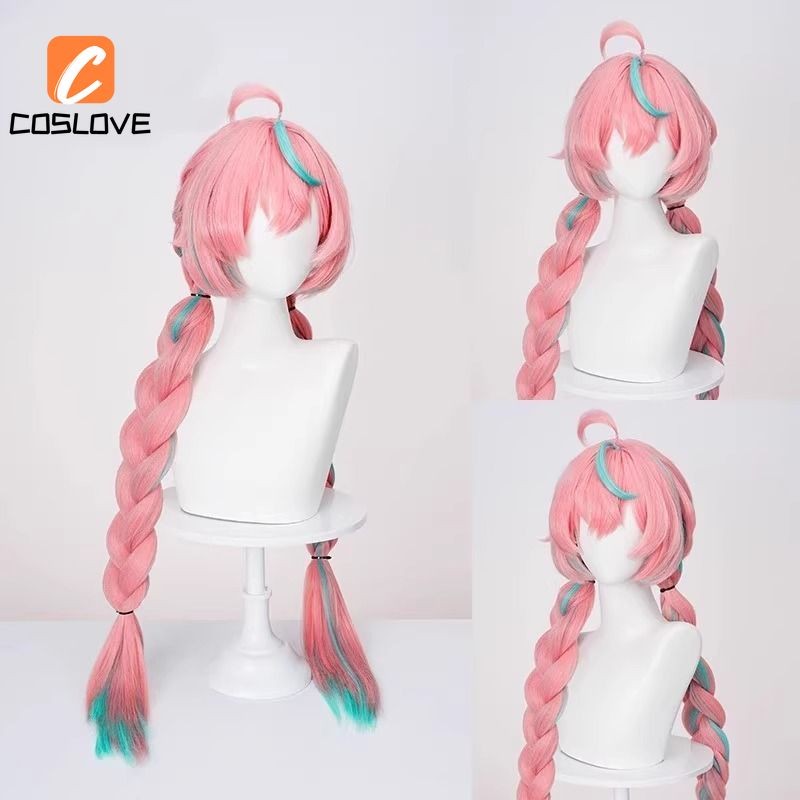 Anime Trò Chơi Genshin Tác Động Varesa Cosplay Tóc Giả Phù Hợp Với Người Phụ Nữ Tóc Xoăn Dài Đuôi Đôi Màu Hồng Tóc Giả Phụ Kiện Tóc