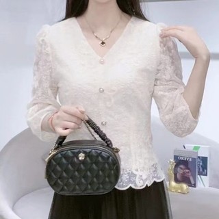 Phong Cách Hàn Quốc Nữ Ôm Eo Ren Thêu 3 / 4 Áo Sơ Mi Tay Áo