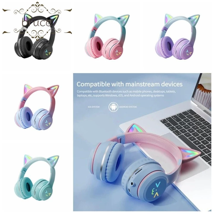 Tai nghe Bluetooth tai mèo BRUCE, Tai nghe không dây chuyển màu qua tai, Tai nghe Bluetooth 5.0 âm nhạc Tai mèo ABS phát sáng RGB Tai nghe qua tai mèo Tai nghe trẻ em