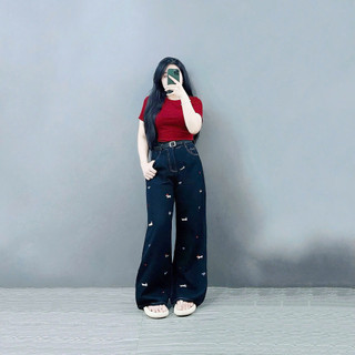 Quần Jean Bigsize Nữ Ống Rộng Cạp Cao Họa Tiết Xinh Cá Tính Chất Denim Phong Cách Q553
