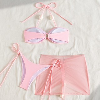 Đồ Bơi Nữ Màu Hồng Sọc Mỏng Bandeau Hoa Bao Đầm Ba Mảnh Bikini Đồ Bơi