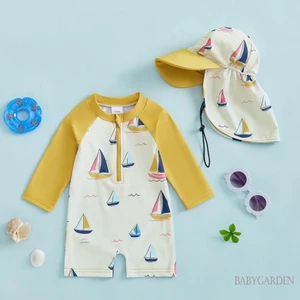 / / -0-5 tuổi Trẻ Em Bé Trai Rash Guard Đồ Bơi Có Mũ Thuyền buồm In Khóa Kéo Dài Tay Cổ Tròn Đồ Bơi Bé Trai