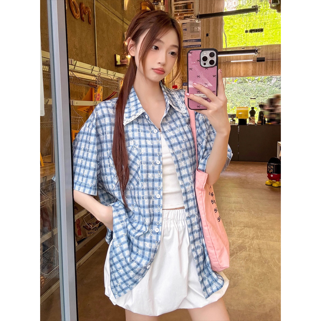 SUXI Áo sơ mi ngắn tay kẻ sọc nơ xanh cổ điển mới mùa hè dành cho nữ 250520