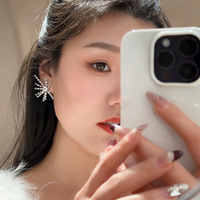 Bông Tai Phóng Đại Độc Đáo Kim Cương Đính Đôi Cánh Zircon Pháo Hoa Hình Quạt Bông Tai Nữ Châu Âu Mỹ Thời Trang Sang Trọng
