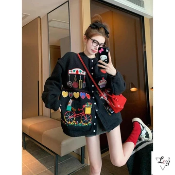 Áo cardigan dệt kim dày phong cách retro Nhật Bản dành cho nữ, áo len tay dài màu đen dáng rộng mùa thu đông, áo khoác cỡ lớn, đa năng và tôn dáng, áo khoác len phong cách thường n