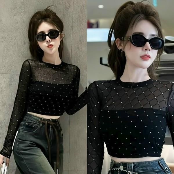 Áo lưới  nhũ kim tuyến dài tay  siêu cá tính và trẻ trung dành cho nàng Top Nữ Women Đen Sơ Mi