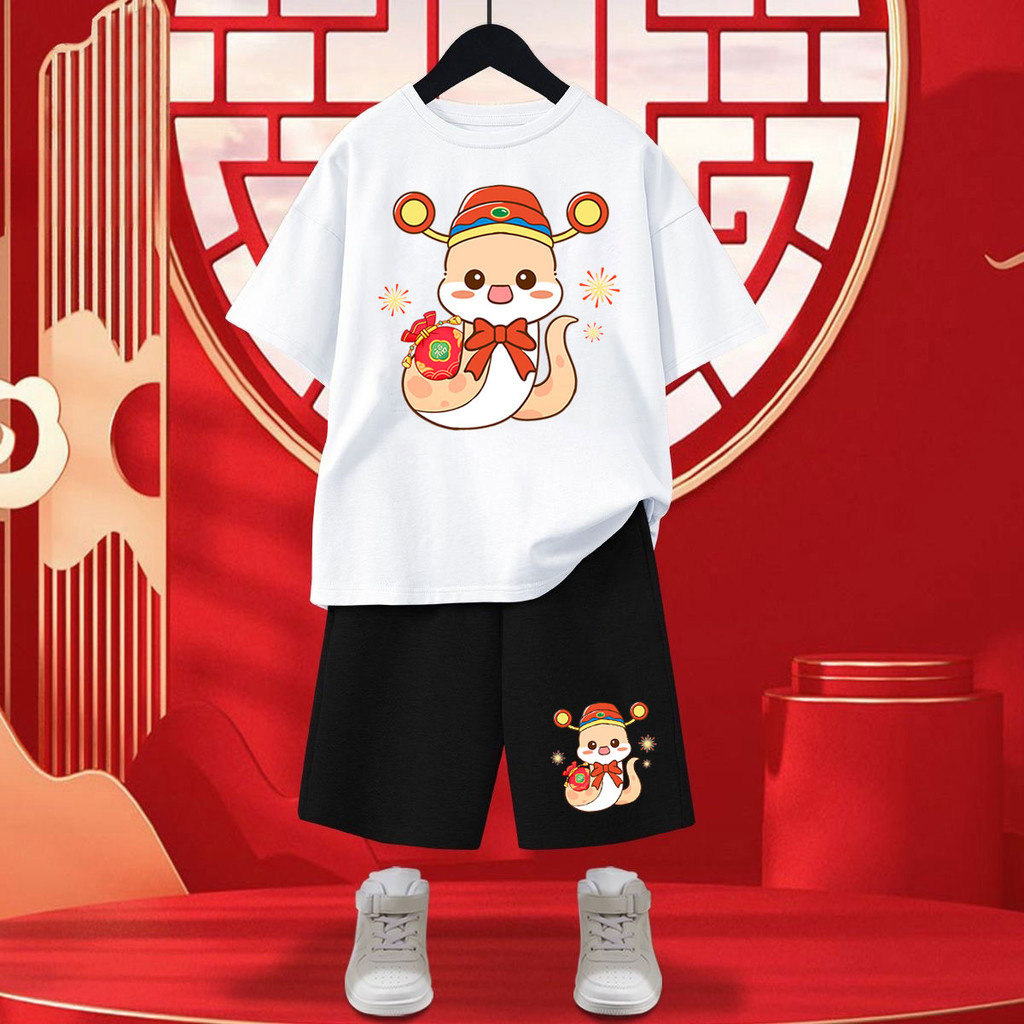 Bộ Áo thun in hình rắn năm 2025 CNY Áo phông & Quần đùi rộng ngoại cỡ cho trẻ em hoàn hảo cho lễ kỷ niệm Tết Nguyên Đán