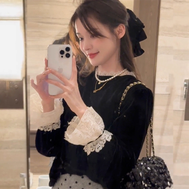 Milyfashion Retro Ren Khâu Vàng Nhung Áo Sơ Mi Mùa Dài Tay Hoa