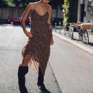Đầm Zara made in Morocco 2 dây maxi nâu bi voan 2 lớp - nữ