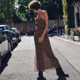 Đầm Zara made in Morocco 2 dây maxi nâu bi voan 2 lớp - nữ