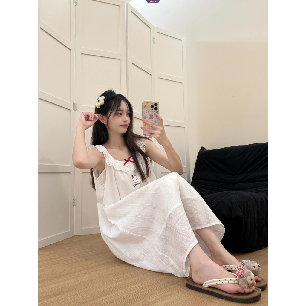 Suspender Ren Hello Kitty Váy Ngủ Nữ Mùa Hè Phong Cách Công Chúa Ký Túc Xá Nơ Ngọt Ngào Mới Quần Áo Nhà [BL]