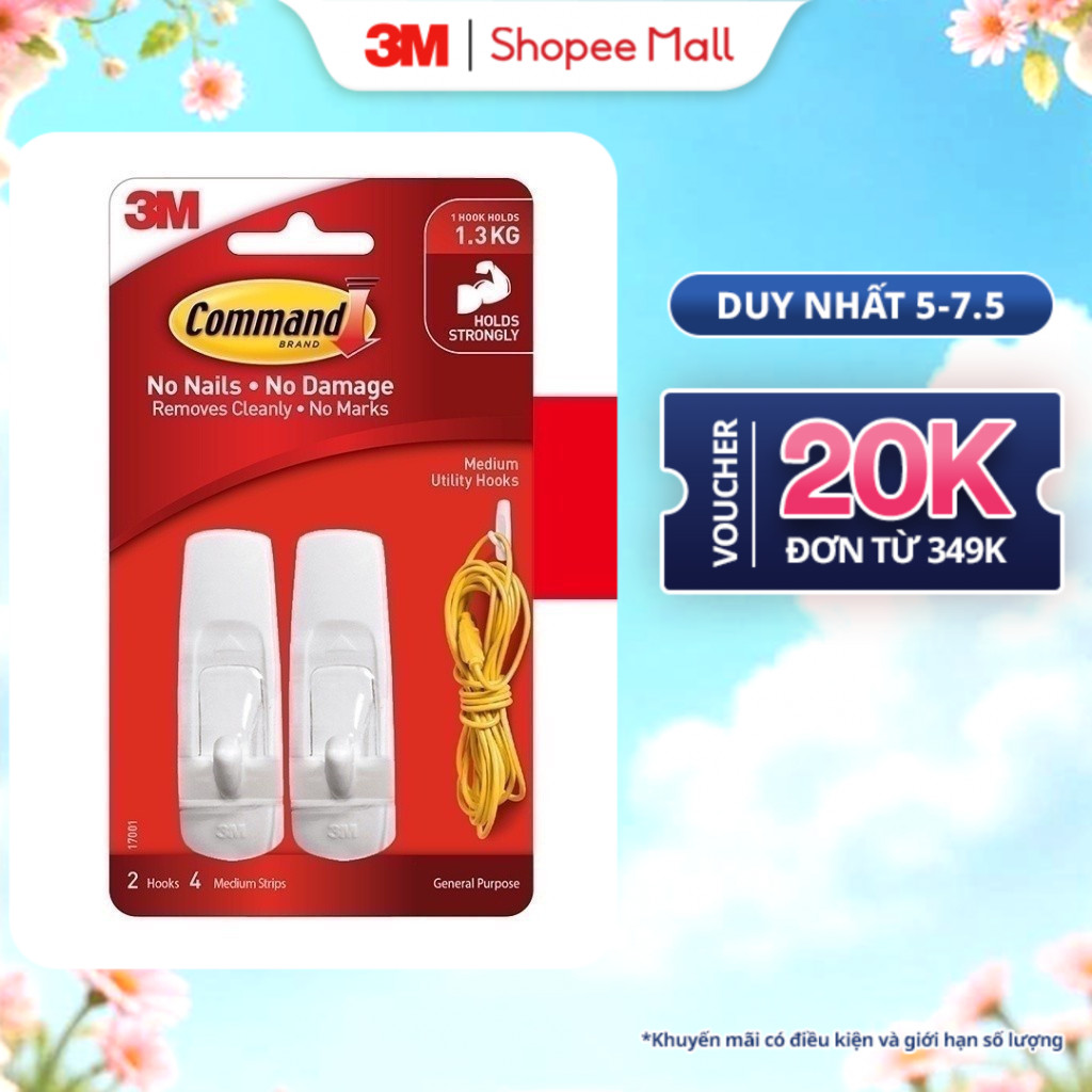 Ảnh Móc dán tường chịu lực 1.3kg 3M™ Command™, 17001, độ bền cao, bám cực chắc, chịu lực 1.3kg, vỉ 2 cái 1