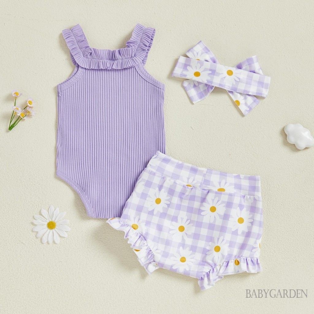 / / -Bộ đồ liền thân không tay có gân chắc chắn Kẻ sọc Daisy Ruffle Quần short Headband 3 mảnh trang phục