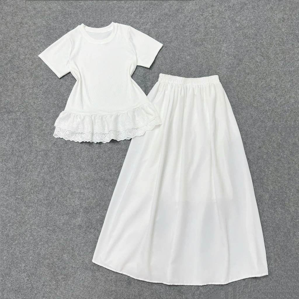 Set Tiểu Thư Bigsize Nữ 60-95kg Áo Thun Kiểu Phối Ren Kèm Chân Váy A Dài SET(A281+CV15)