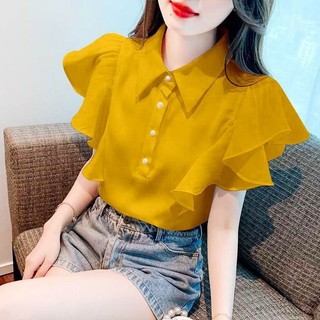 ✨2617 Khen ngợi Xù Bay Tay Áo Sơ Mi Ve Áo Mùa Hè 2024 Thiết Kế Niche Độc Đáo Tay Ngắn Top 25.5.9