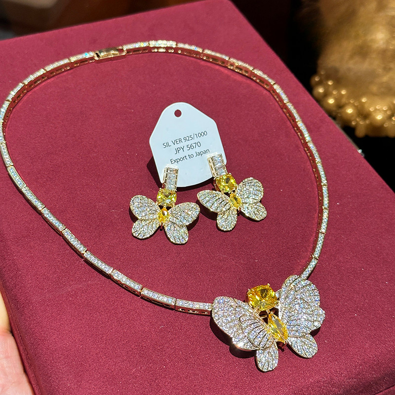 Bông tai vòng cổ sang trọng nhẹ nhàng Bộ hai mảnh Bướm Zircon