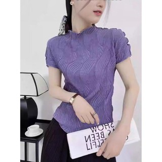Miyake Xếp Ly Mùa Hè 2025 Phong Cách Mới Slim-fit Ôm Hơn Nhìn Ngắn Tay Nữ Co Giãn Ngắn Áo Thun Nhỏ Nữ