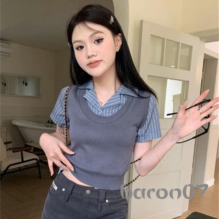 Áo thun dệt kim hai mảnh giả dành cho nữ Áo thun ngắn tay cổ sọc mỏng cho mùa hè dạo phố