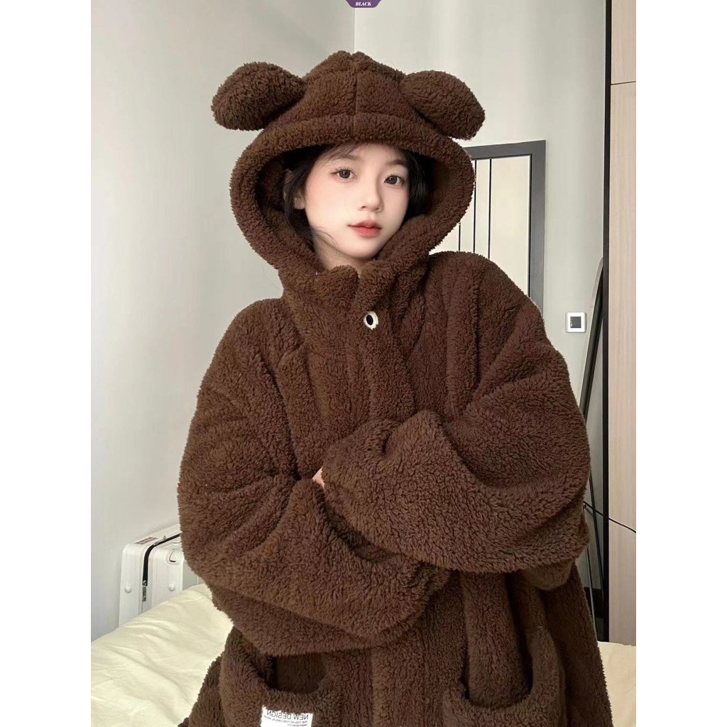 Bộ đồ ngủ nhung san hô có giá trị cao Nữ mùa thu đông Đệm dày Flannel ấm áp Áo choàng trùm đầu dài vừa phải [BL]